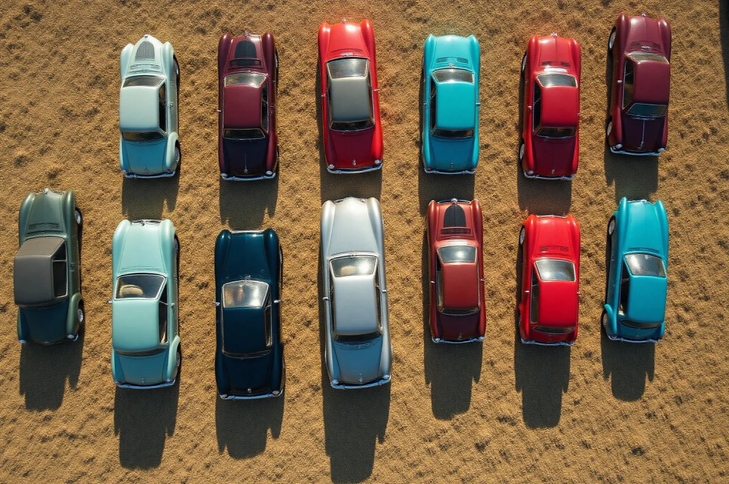 Una fila de autos vista desde arriba, en perpendicular