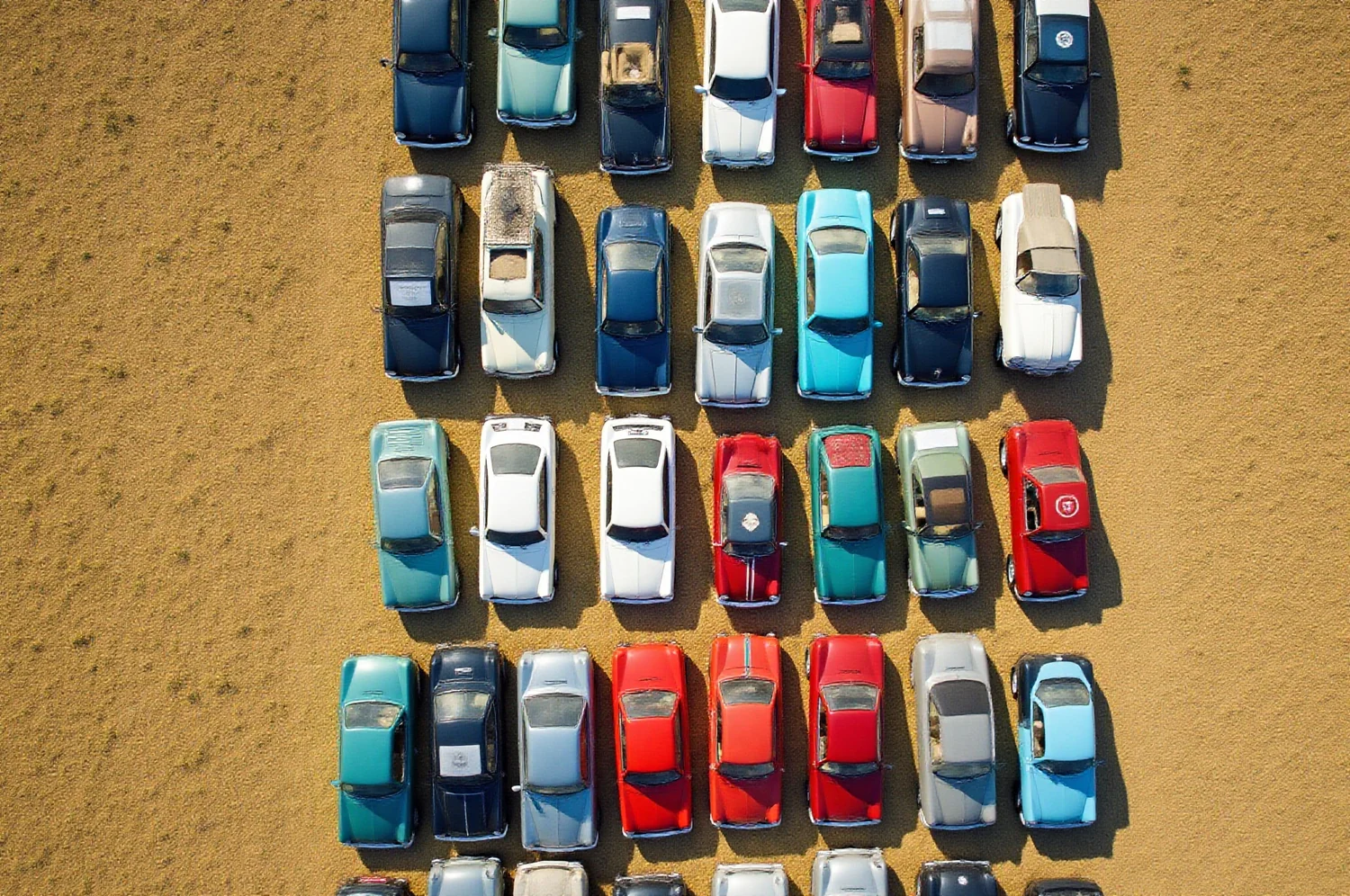 Autos clásicos estacionados en hileras sobre pasto, vistos desde arriba